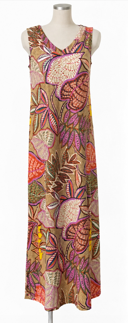 NEW CHICO'S SZ 0 ARABIAN CAMEL PALM LEAF VARIETY PRINT V-NECK MAXI DRESS SZ US S